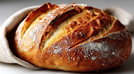 a close-up of a perfectly baked loaf of sourdough bread with a crispy crust on a white isolated background, warm and artisanal design