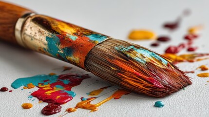 Obraz premium a close-up of an artist is paintbrush with colorful paint splatters on a white isolated background, creative and artistic design