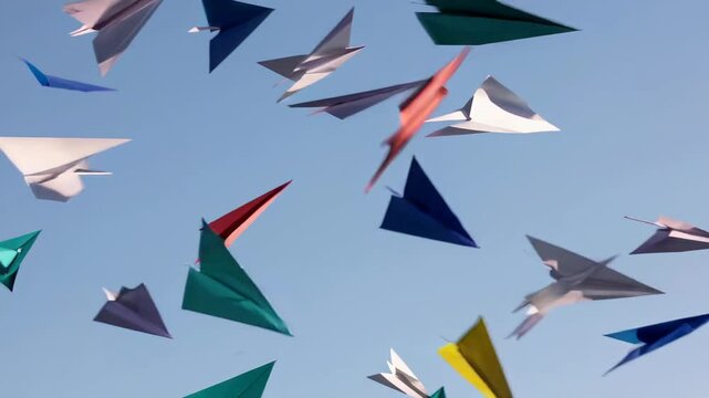 Scattered paper planes glide through clear blue sky, symbolizing freedom, creativity, and lightness of thought.