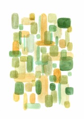 An abstract composition of many soft rectangular and oval shapes, executed in watercolor, is depicted on a white background. The main colors are various shades of green, yellow and orange.