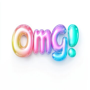 Colorful inflated 3d bubble letters spelling omg with exclamation mark on white background
