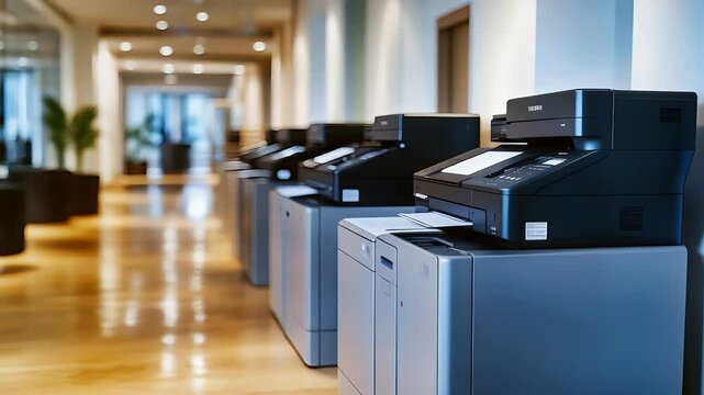 Row of modern office printers and copiers lined up in bright hallway with wooden floors and contemporary interior design

