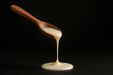sweet condensed milk dripping from wooden spoon on black background for food photography and advertising