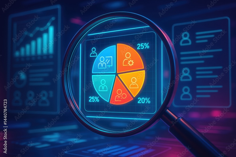 Aufkleber data insights: a digital data analysis scene with magnifying glass and pie charts and graphs that re