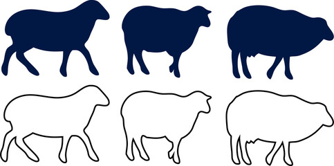 Sheep silhouette and outline set collection. Vector illustrations of sheep isolated on a white background. Perfect for logos, prints, and designs.