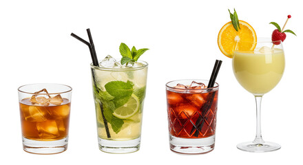 Four cocktails with garnishes on black background