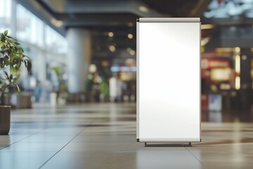 Blank roll up banner design mockup, background blurred public place