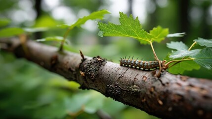 Caterpillar movement forest realistic photograph natural habitat close-up inching along a branch