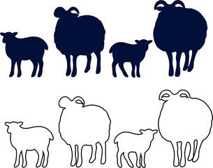 Vector sheep silhouette and outline collection. Isolated farm animal illustrations on a white background, ideal for branding, crafts, and graphic design.