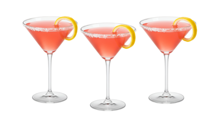 Three cosmopolitan cocktails with lemon twist