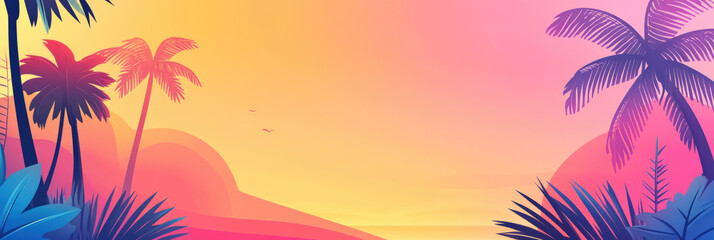 Obraz premium Tropical Sunset Paradise: Bask in the ethereal beauty of a tropical sunset over the tranquil sea, vibrant palms silhouetted against the breathtaking sky. A vibrant scene of serenity and calm.