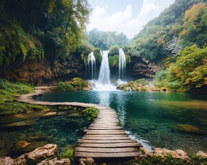 Serene waterfall cascading into a tranquil pool, with a wooden walkway leading to the hidden gem.  A picturesque natural landscape