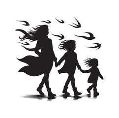 Family against the wind silhouette vector illustration