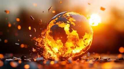 Burning World: A dramatic visual of a burning Earth, engulfed in flames, symbolizing environmental destruction and climate change, against a blurred backdrop of fiery hues.