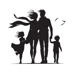 Family against the wind silhouette vector illustration
