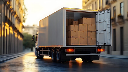 Naklejka premium Large white truck its back door open loading Optimizing Delivery: Boxes Packed