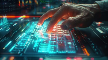 Close up of a hand typing on a futuristic glowing keyboard with digital interface elements