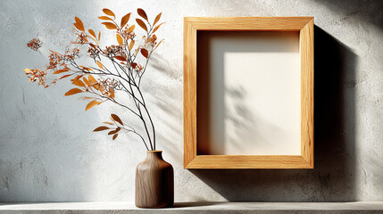 Rustic Harmony: A minimalist composition featuring a wooden picture frame alongside a vase filled with delicate sprigs, capturing a serene atmosphere in natural light.