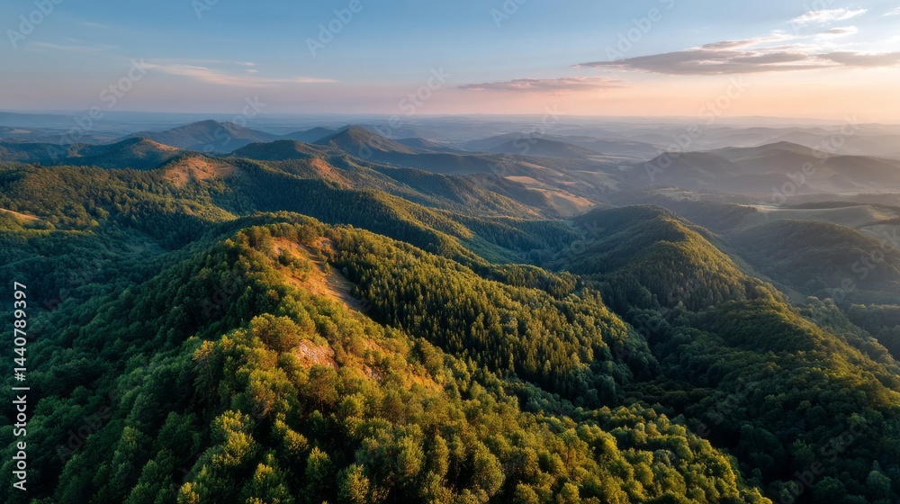 Poster as dawn breaks, vibrant colors fill the sky while soft light dances over rolling hills and dense for