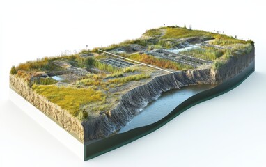 3D cutaway of river delta adaptation infrastructure, showing silt management grids, levee networks, wetland buffers, and monitoring buoys, semi-transparent on white