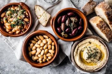 Rustic Mediterranean Tapas Feast Featuring Beans Olives Hummus and Crusty Bread Overhead Shot on Textured Gray Background for Culinary Stock Photography