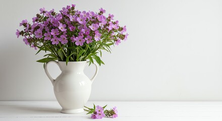 Naklejka premium Purple Flowers in White Vase on White Table