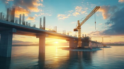 Fototapeta premium Sunrise over a modern elevated highway under construction.
