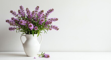 Naklejka premium Flower Arrangement of Purple Petals in Vase Against White Backdrop