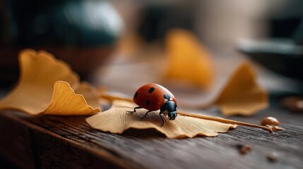 Ladybug crawling over golden standard nature realistic photograph indoor close-up natural beauty