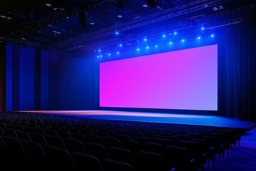Empty stage for event or business conference with big blank screen mockup. Screen aspect ratio is 16:9. Modern convention hall for presentation or concert template. Chair seats