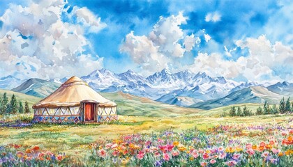 Scenic mountain landscape with yurt and wildflower field under blue sky