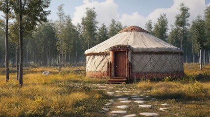 Traditional mongolian yurt in scenic forest meadow landscape