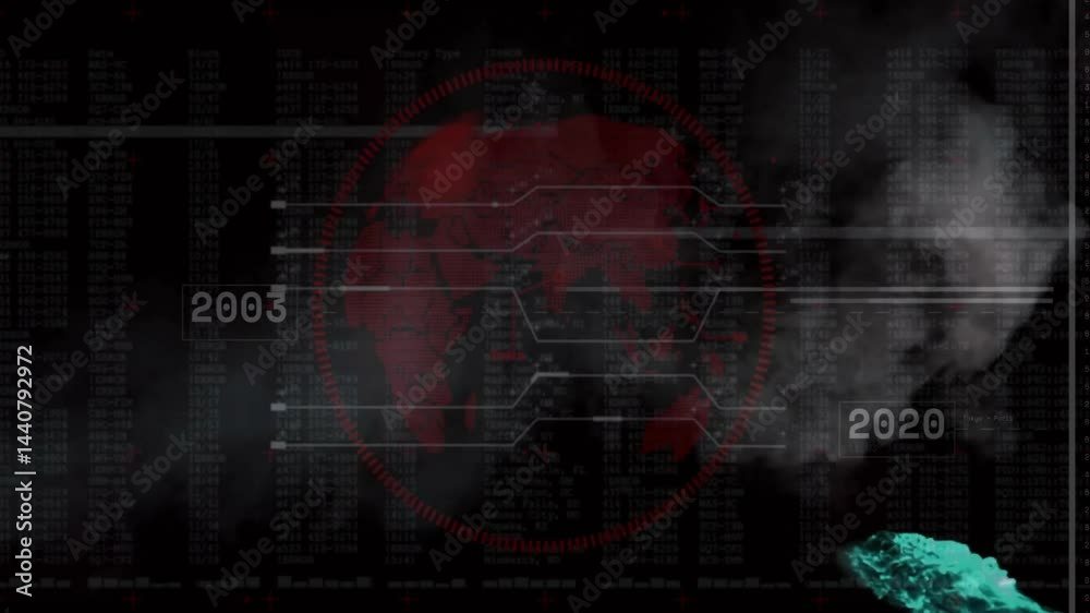 Poster Central red circular HUD element showing radial ticks over faint globe while error codes scrolling