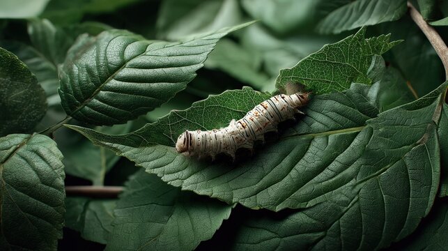 Observing silkworms feeding mulberry grove realistic photograph natural habitat close-up sericulture insights