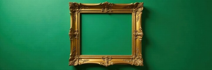 Antique gold frame, empty, ornate details, green wall , gold frame mockup, empty frame, ornate