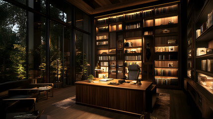 A corporate office with a large wooden desk, organized bookshelves, and a professional yet cozy atmosphere.