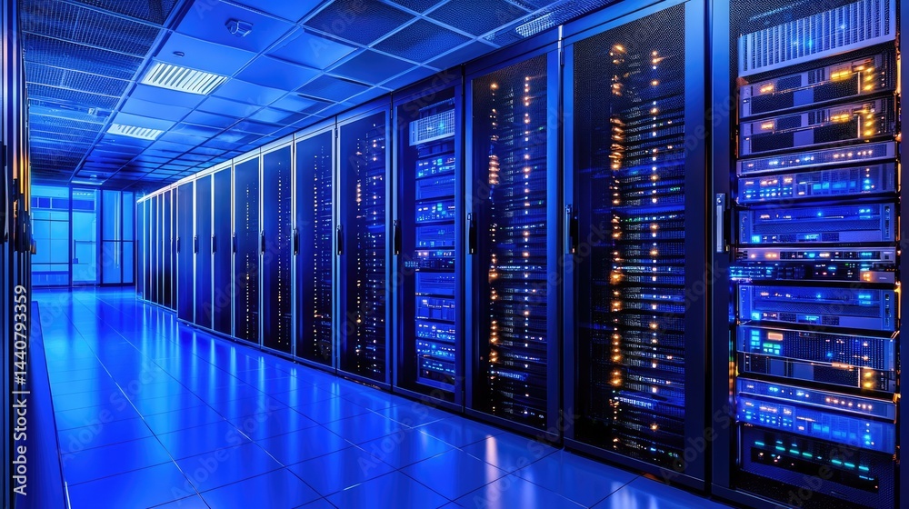 Poster bright modern server racks in a secure blue-lit data center corridor, ideal for cloud computing, it 