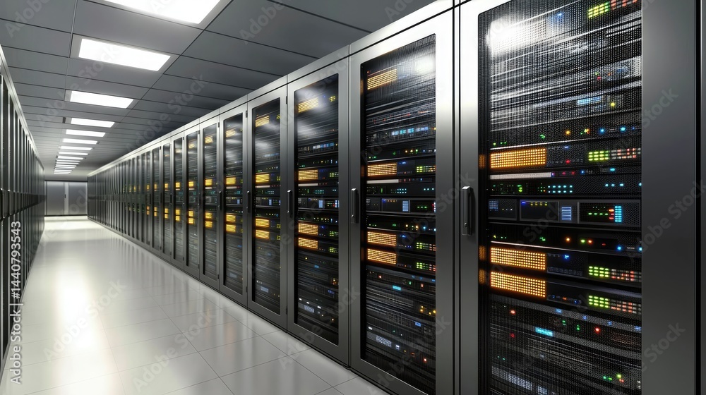 Poster clean modern server room with glowing racks and bright lighting, ideal for cloud computing, it infra