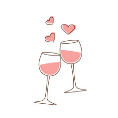 Two glasses with pink sparkling wine. This romantic vector illustration is perfect for Valentine's Day design, love theme and weddings. Isolated on a white background.