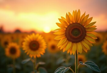 Obraz premium Colorful Sunflower field with blooming flowers during candlelight