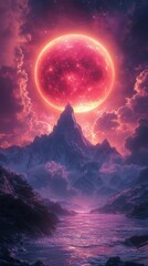 Colorful mountain landscape with a large pink moon overlooking a serene water body at twilight