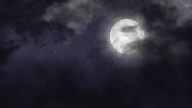 Full Moon Surrounded By Clouds in the night sky.