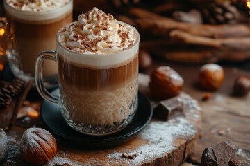 Hazelnut mocha with whipped cream. Winter morning drink. Warm, cosy beverage. Hot, caffeinated drink with tasty chocolate topping. Comforting morning ritual, refreshing break