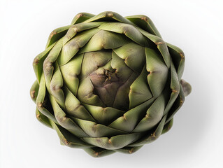 Obraz premium A single fresh organic artichoke captured from top view against a pure white background, showing intricate leaf details.