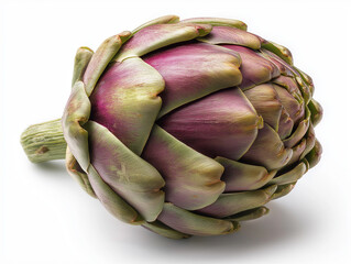 Obraz premium A single fresh organic artichoke captured from top view against a pure white background, showing intricate leaf details.