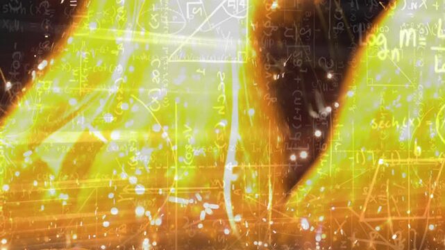 Glowing abstract shape floating center stage, displaying yellow flares and drifting math formulas