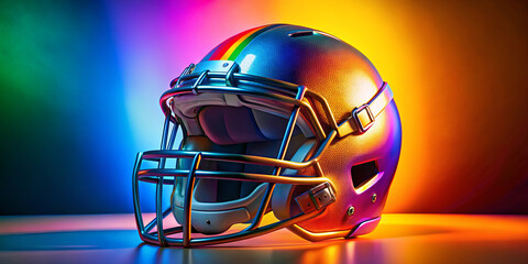 A striking football helmet illuminated by colorful lights highlights the intersection of sports and artistry. The helmet's design emphasizes inclusivity and creativity in athletics