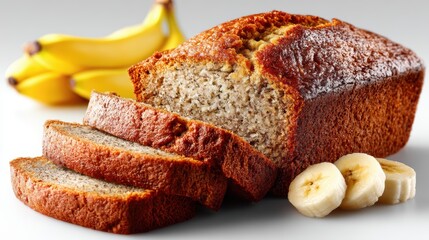 a fresh, warm loaf of banana bread sliced into thick pieces on a white isolated background, comforting and homemade design