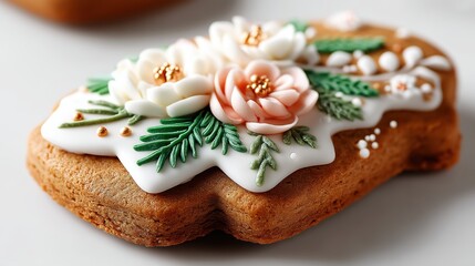 a beautifully decorated gingerbread cookie with icing on a white isolated background, festive and sweet design