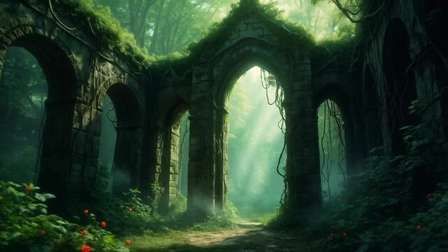 A forest with a stone archway and vines growing on it